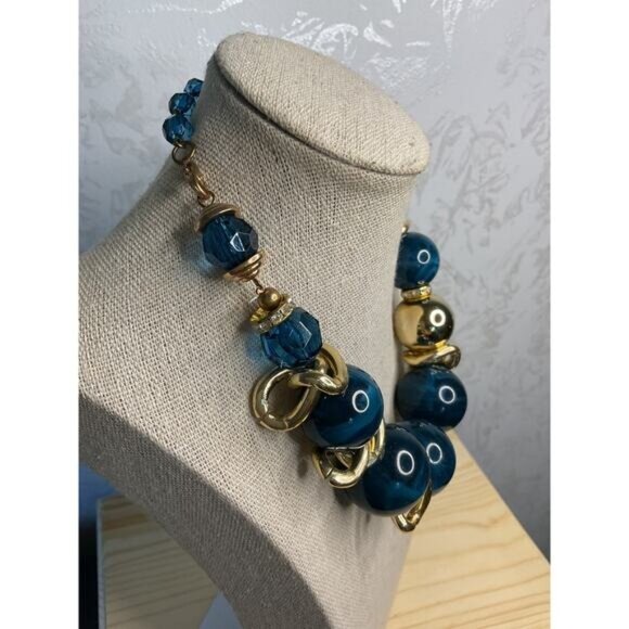 Blue Graduated Round Beads Gold Tone Spacers Necklace - Picture 2 of 5